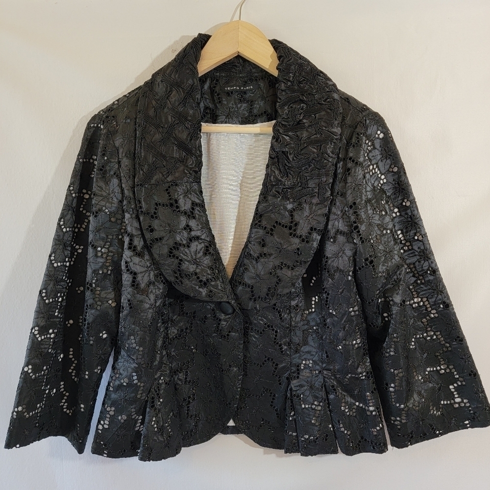 TEMPO PARIS Women Black Floral Eyelet Jacket Sz S Cropped Whimsygoth Grunge Goth